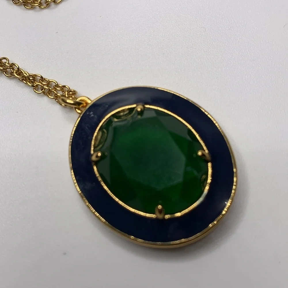 J. Crew Gold Tone Necklace‎ 32” w/ Oval Enamel & Glass Pendant 1-1/4” x 1-1/8”